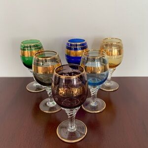 Vintage Set of Colorful Gold-Rimmed Liquor Glasses